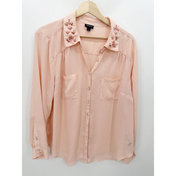 Torrid Light Pink Long Sleeve Embellished Collared Shirt‎ Women's Size 1 1X - Picture 1 of 7